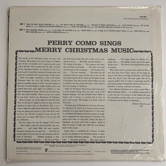 Perry Como Sings Merry Christmas Music 1961 LP Pickwick Camden CAS 660 EX - Picture 2 of 7